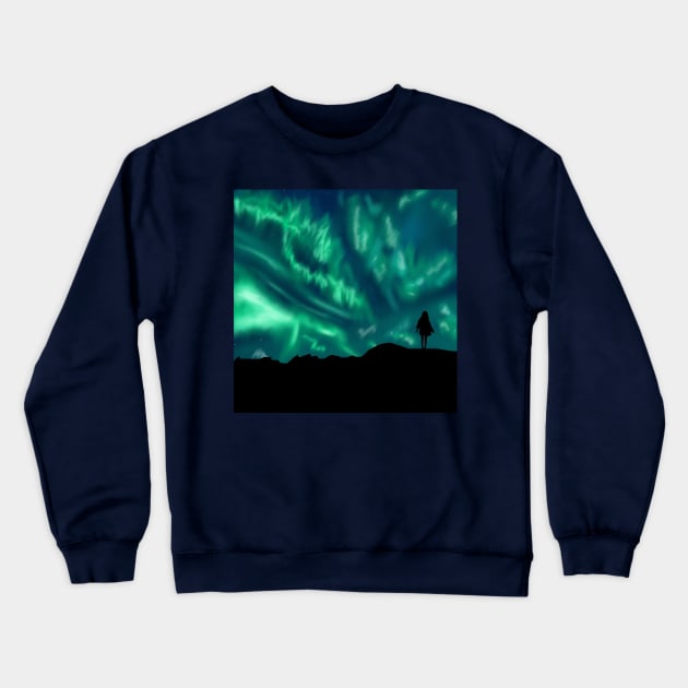 faouzia silhouette with a mountain and green northern lights Crewneck Sweatshirt by Simplephotoqueen